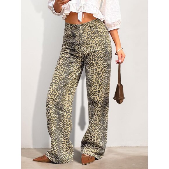 Women's Stretchy Leopard Print Baggy Jeans High Waist Straight Leg Pants - Picture 5 of 6